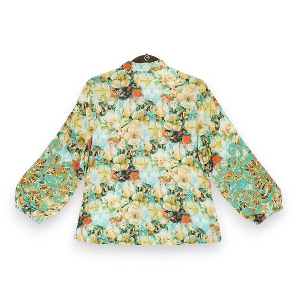 Soft Surroundings Women's Aqua Peach Floral Sidney Shirt Button Blouse Size PM